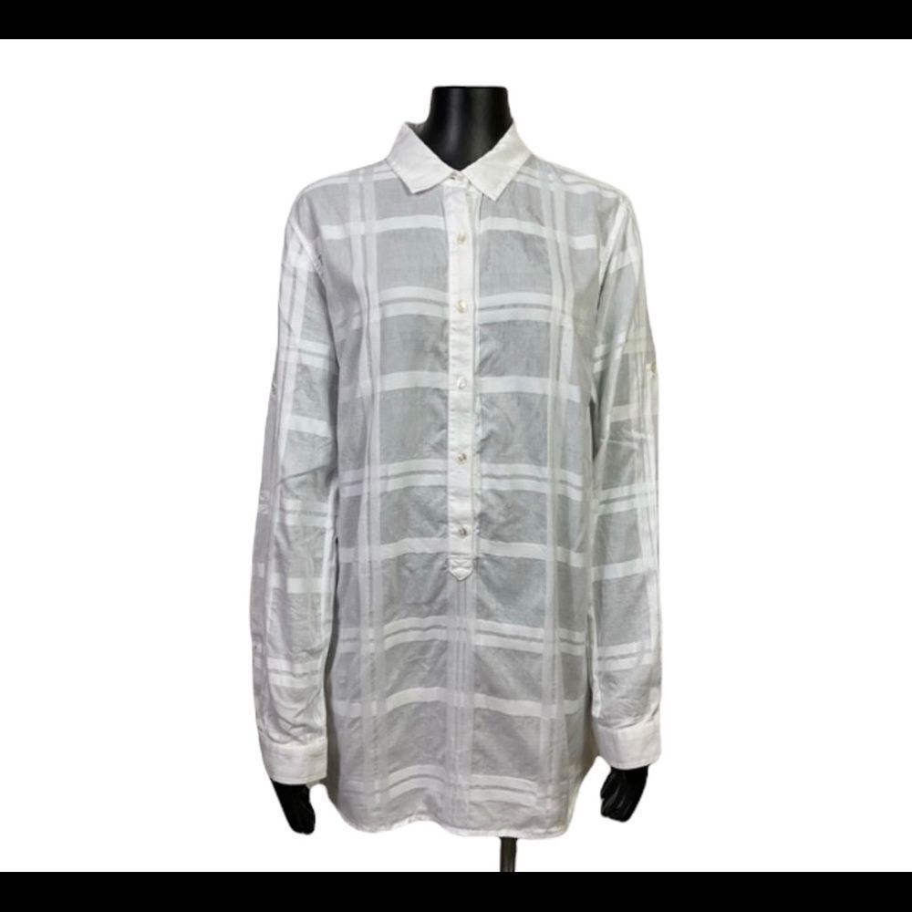 J McLaughlin White Subtle Stripe Long Sleeve Cotton Tunic Shirt Blouse L